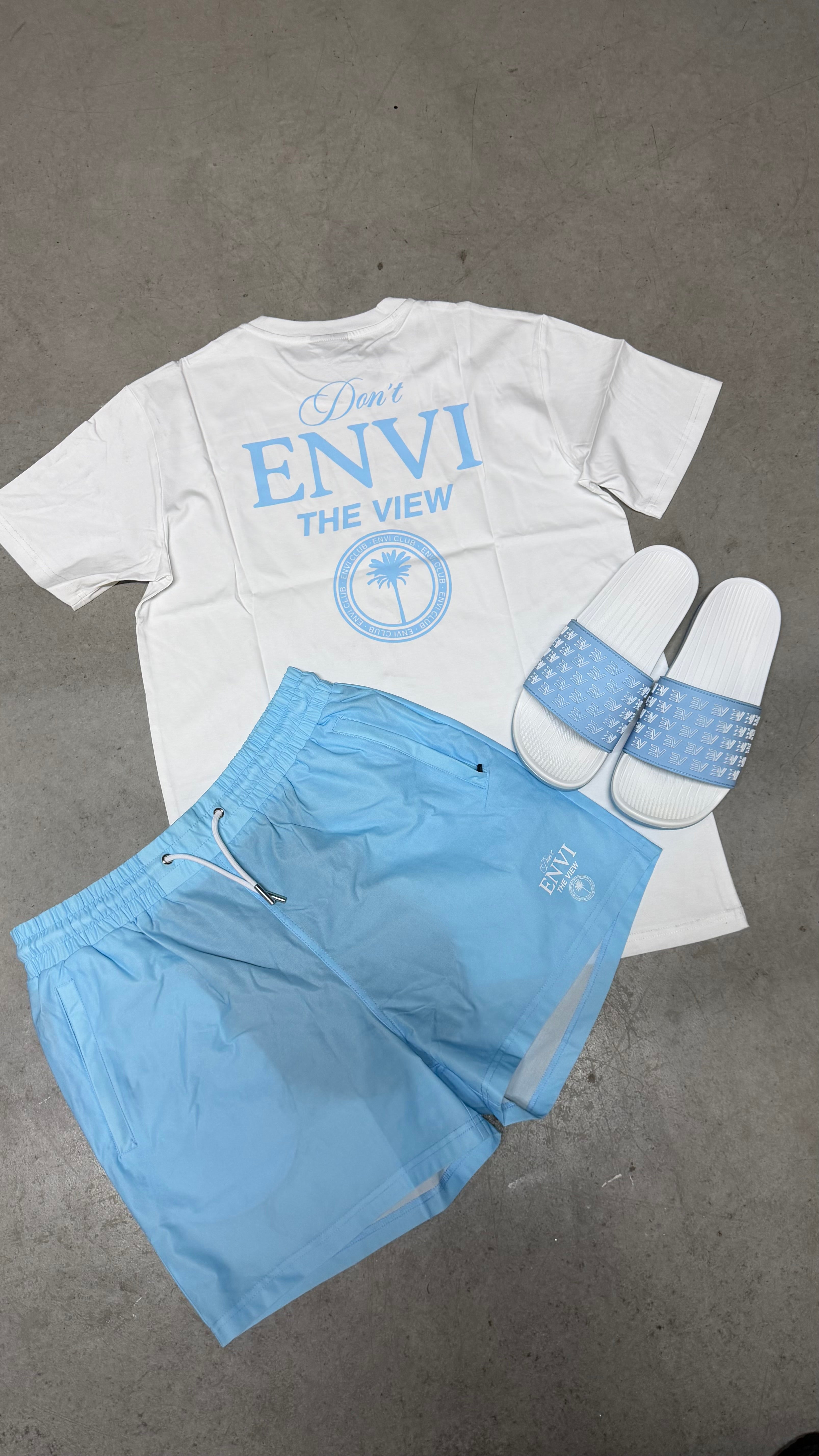 Envi ‘Don’t Envi The View’ Swim Short Set ‘White / Baby Blue’