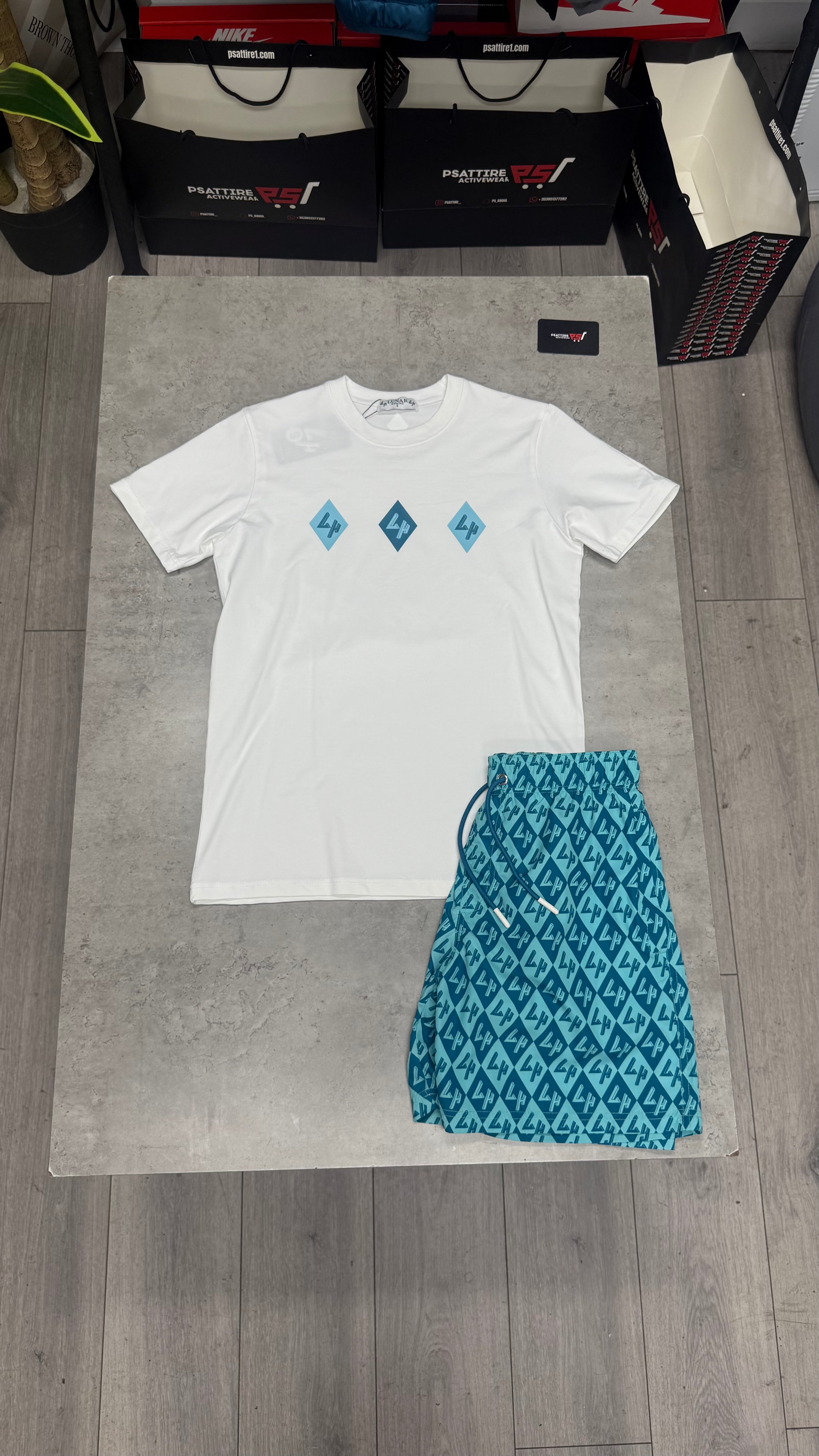 Lunar Homme Diamond Swim Short Set ‘White / Teal’