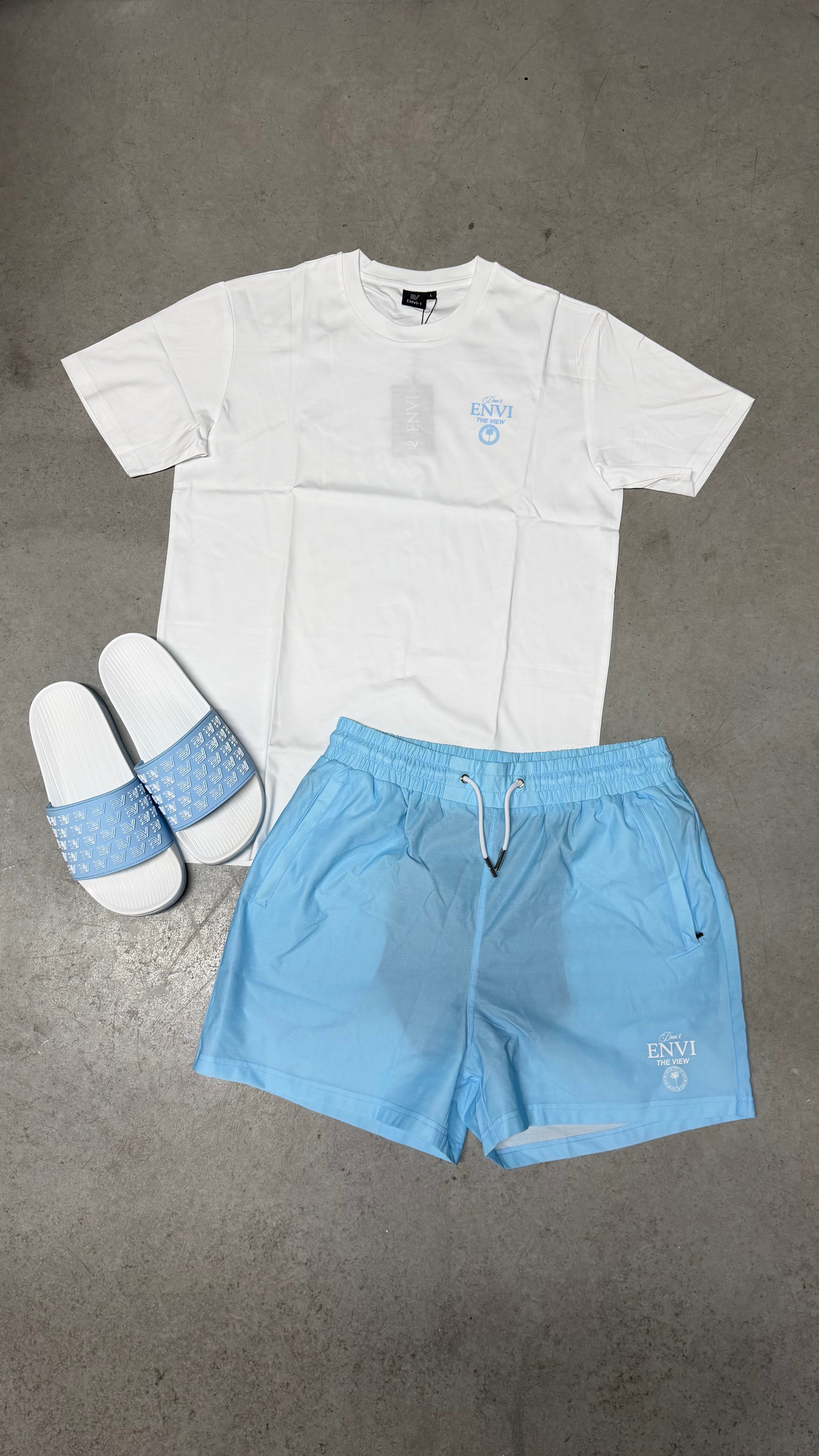 Envi ‘Don’t Envi The View’ Swim Short Set ‘White / Baby Blue’