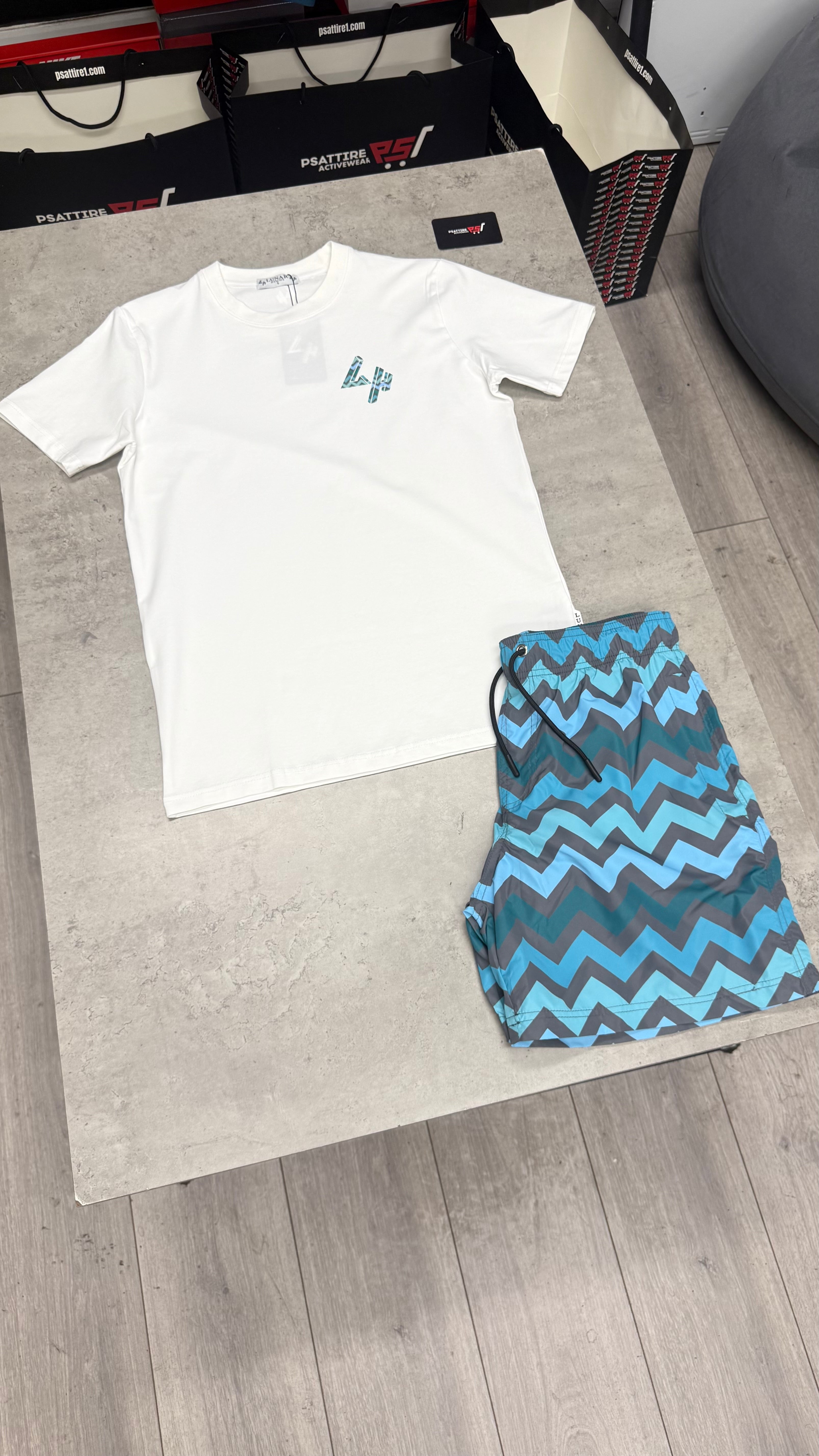 Lunar Homme Zigzag Swim Short Set ‘White / Blue’