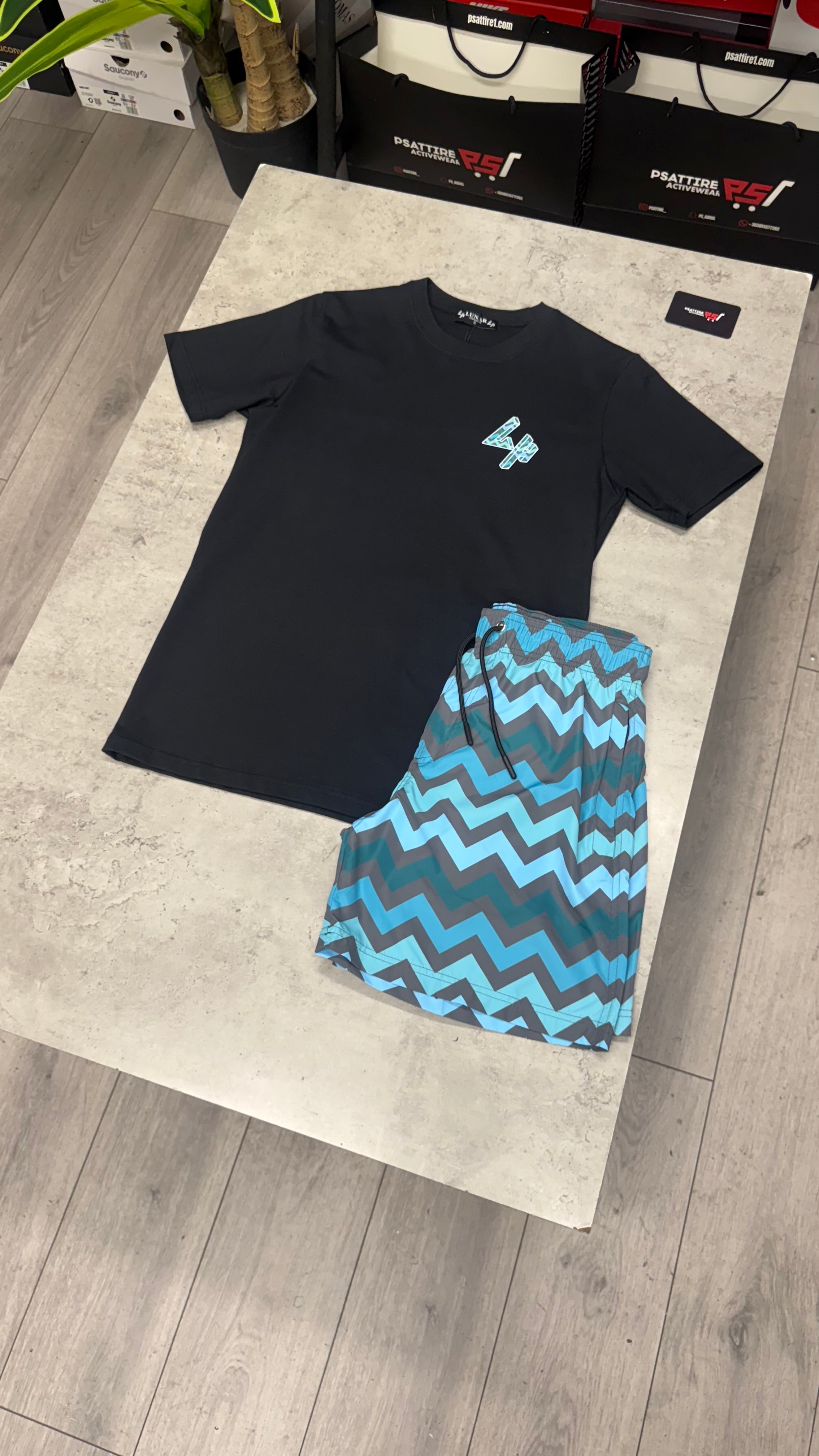 Lunar Homme Zigzag Swim Short Set ‘Black / Teal’