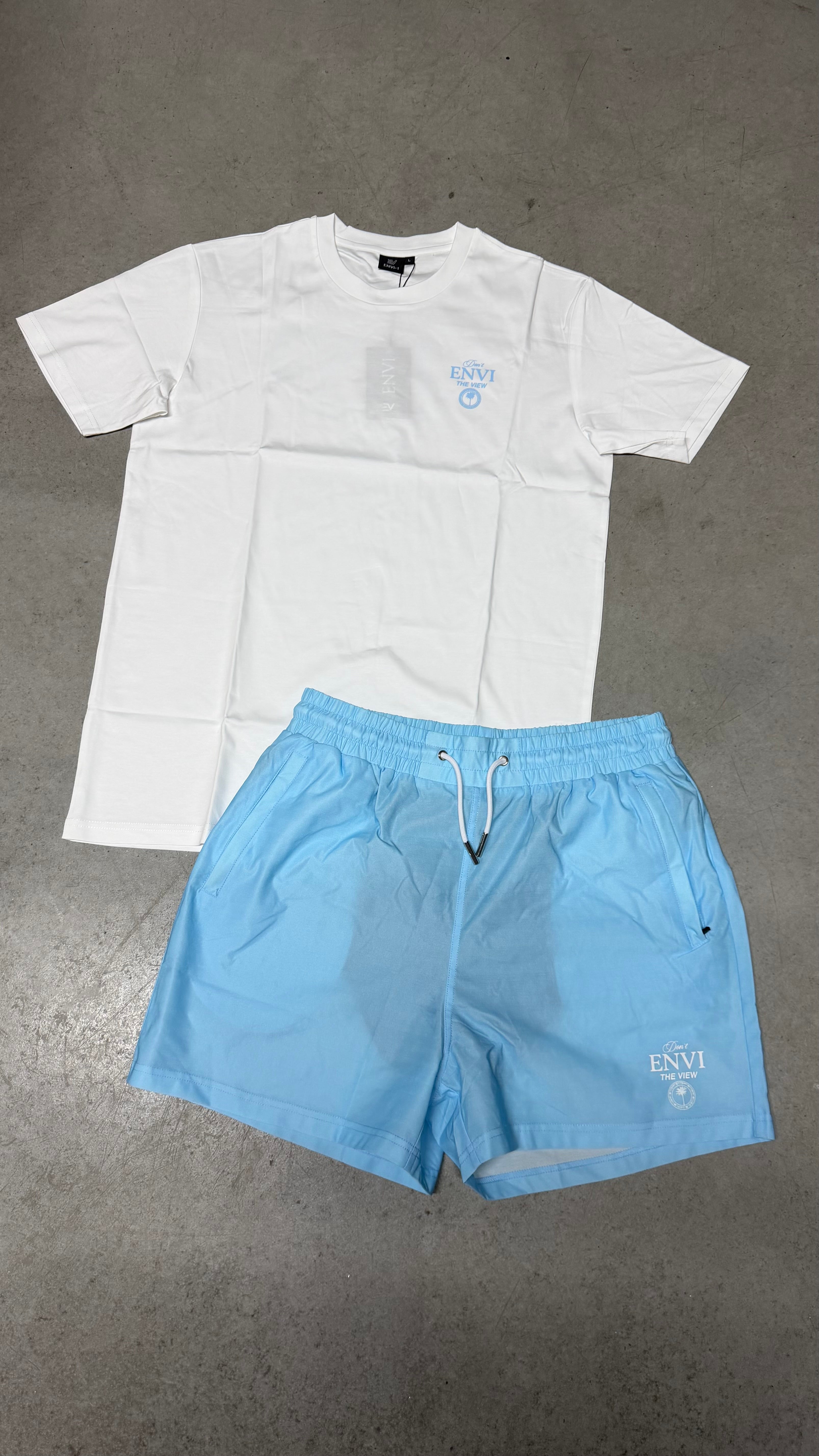 Envi ‘Don’t Envi The View’ Swim Short Set ‘White / Baby Blue’