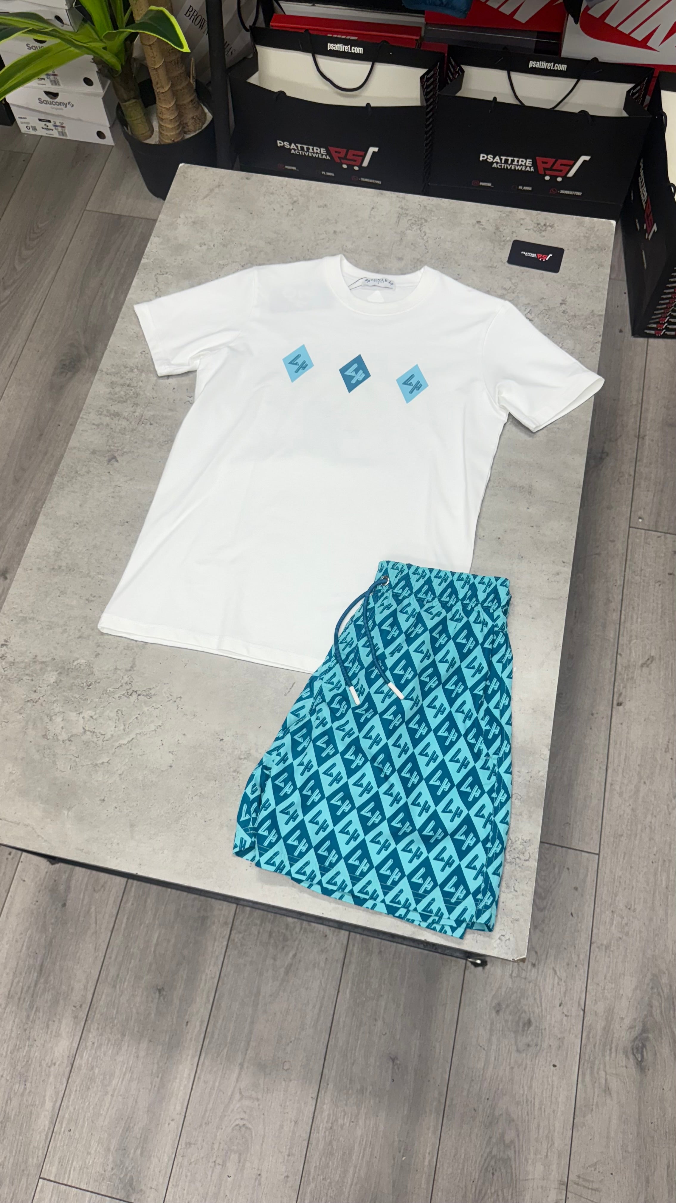 Lunar Homme Diamond Swim Short Set ‘White / Teal’