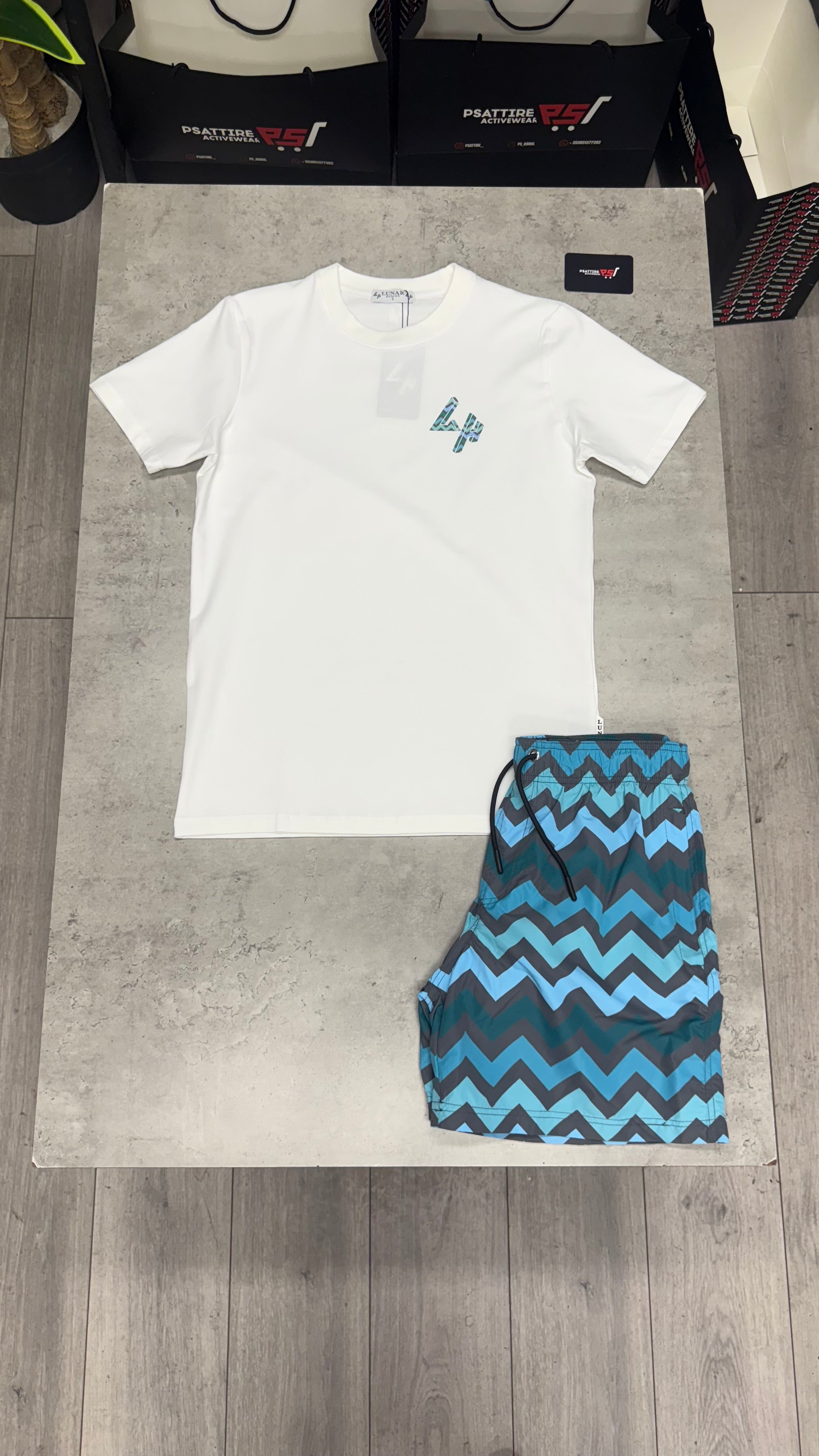 Lunar Homme Zigzag Swim Short Set ‘White / Blue’