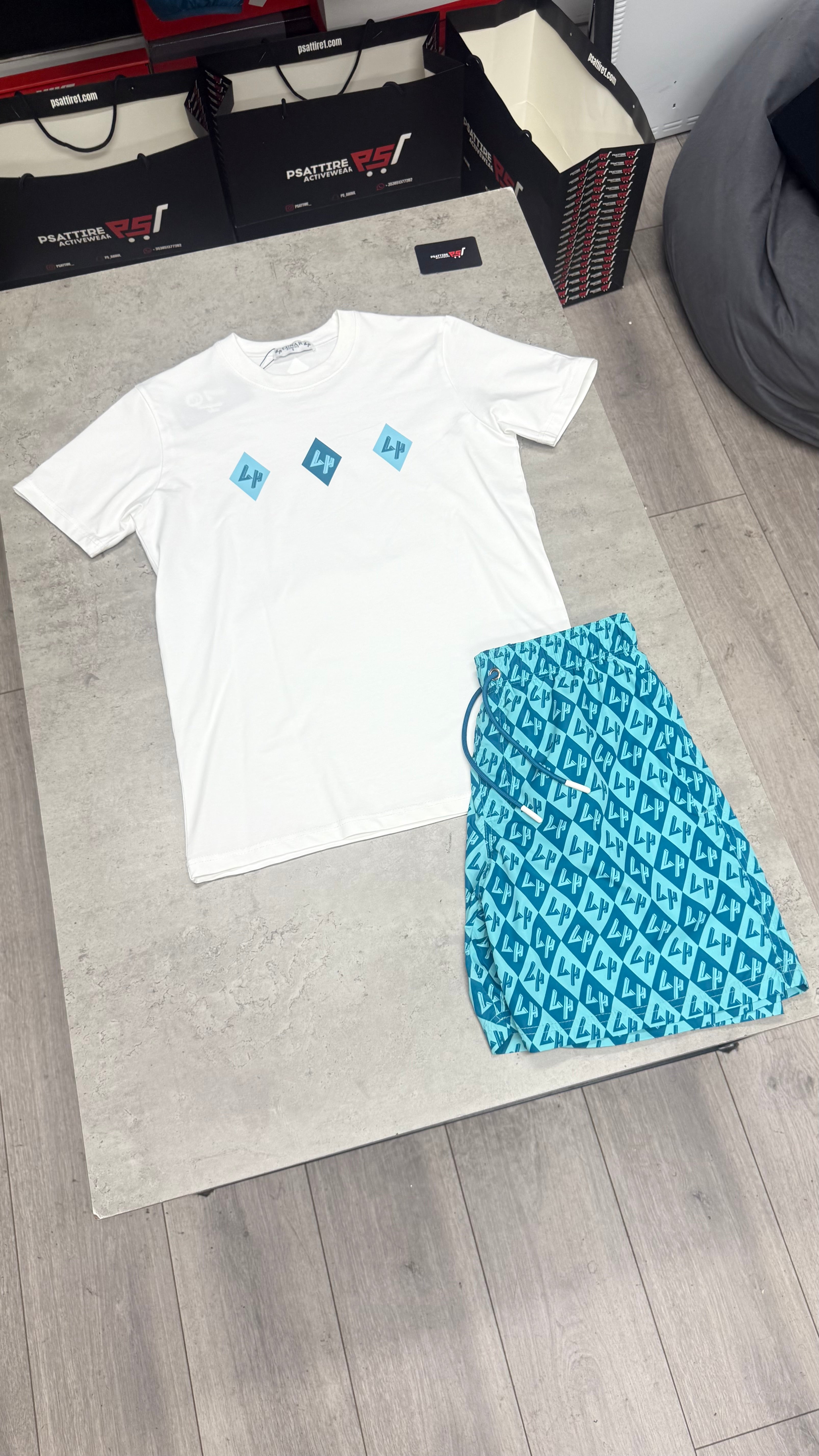 Lunar Homme Diamond Swim Short Set ‘White / Teal’