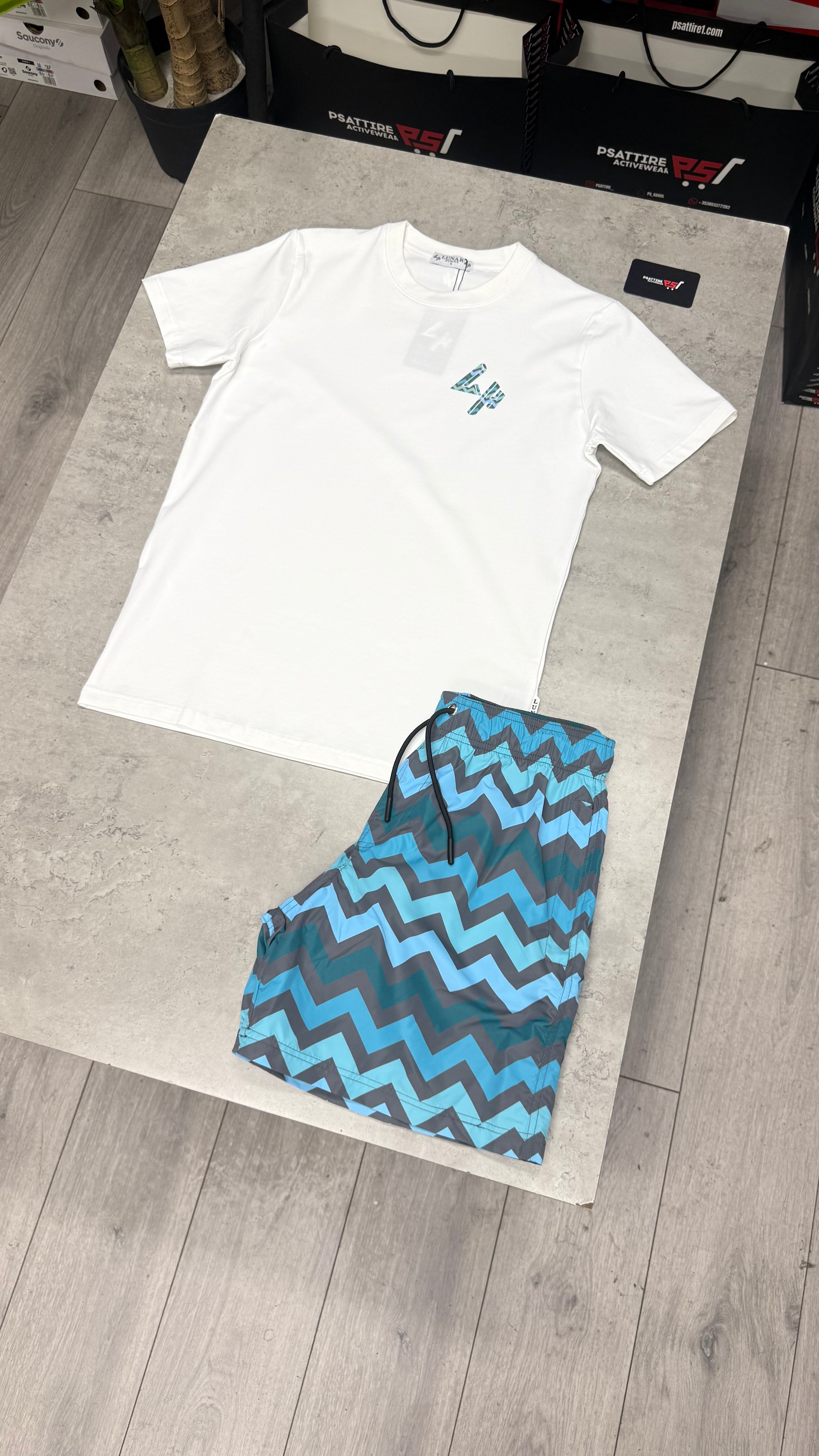 Lunar Homme Zigzag Swim Short Set ‘White / Blue’